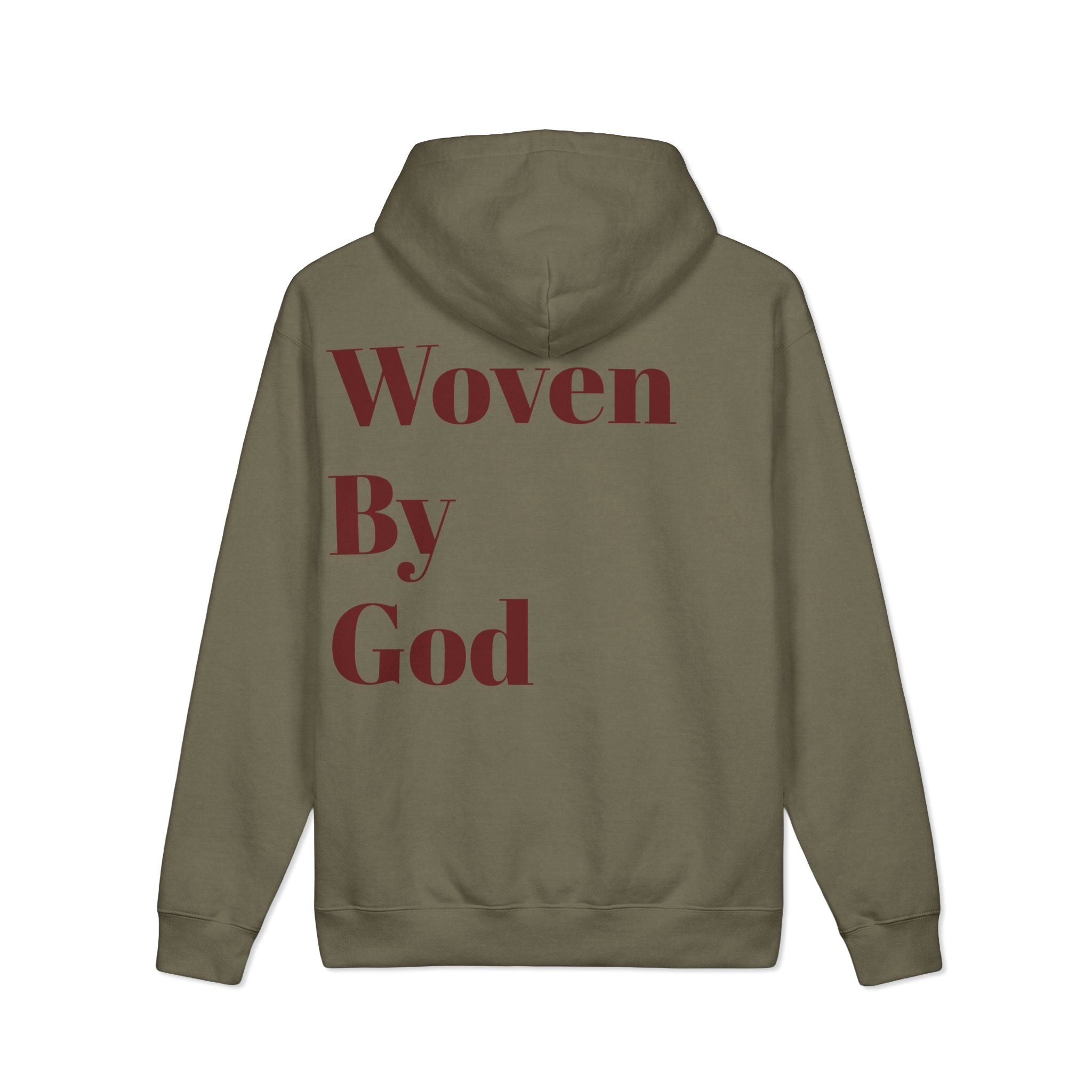Woven By God Hoodie — Inspirational Olive Pullover with Back Script